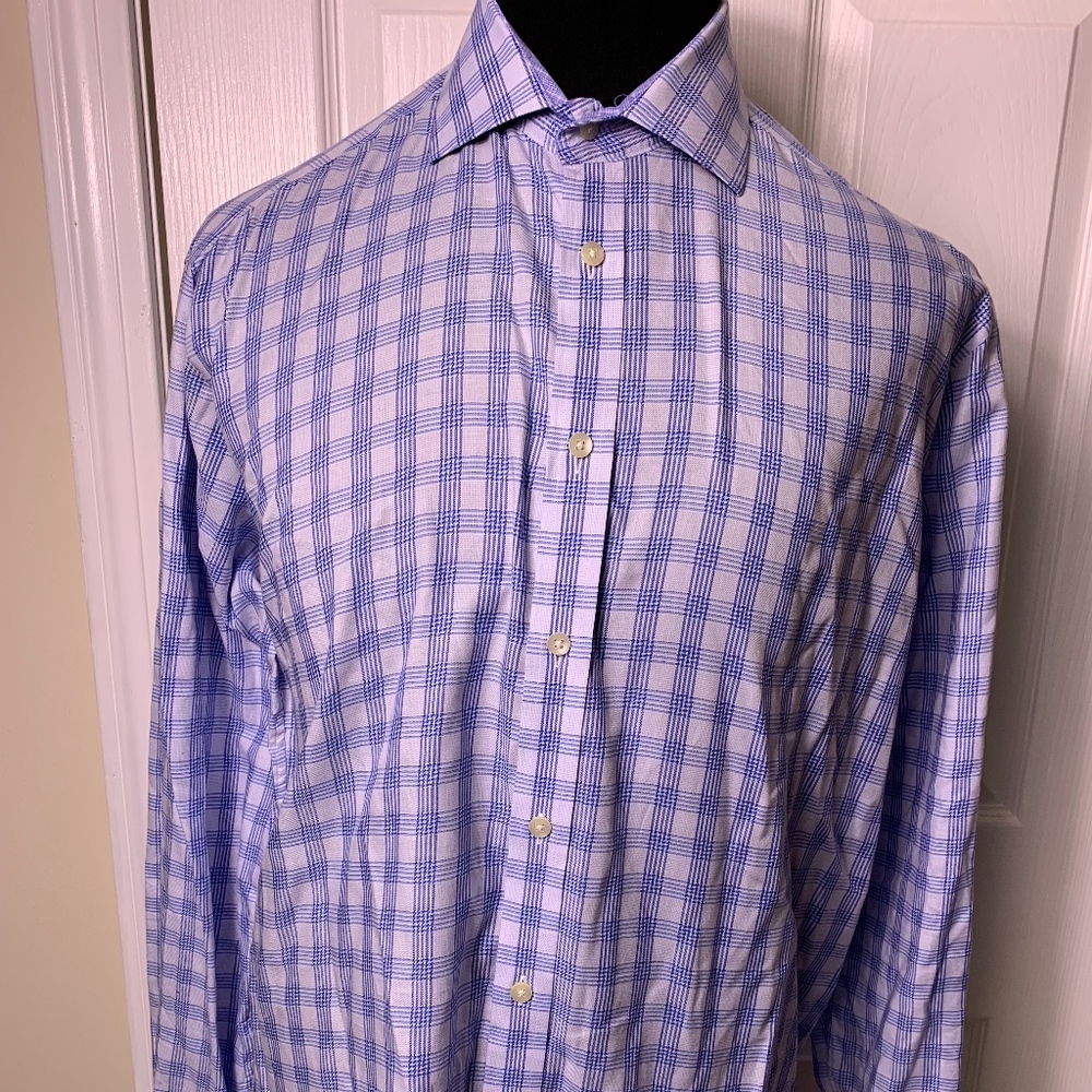 Mens Thomas Dean TD Blue White Plaid Long Sleeve